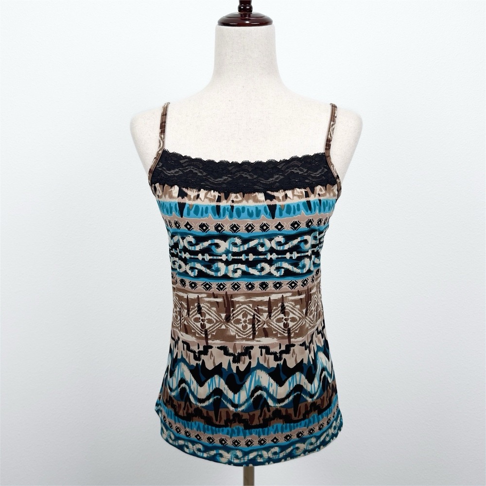Clear Sky Top Womens M Brown Blue Geometric Lace Trim Cami Fairy‎ Grunge Y2K USA